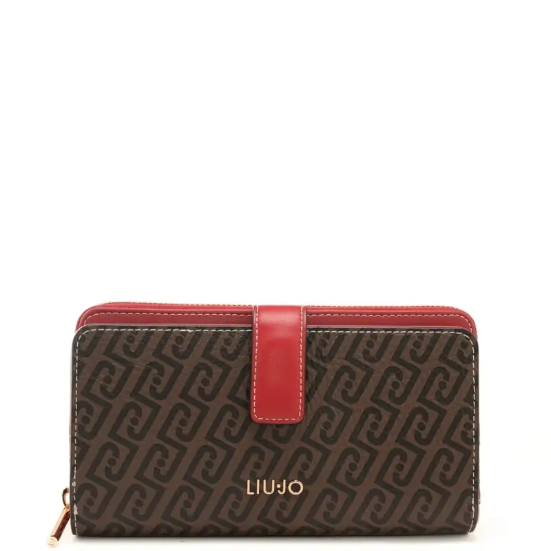 portafoglio grande da donna con stampa logo monogram all over e dettagli a contrasto colore testa di moro