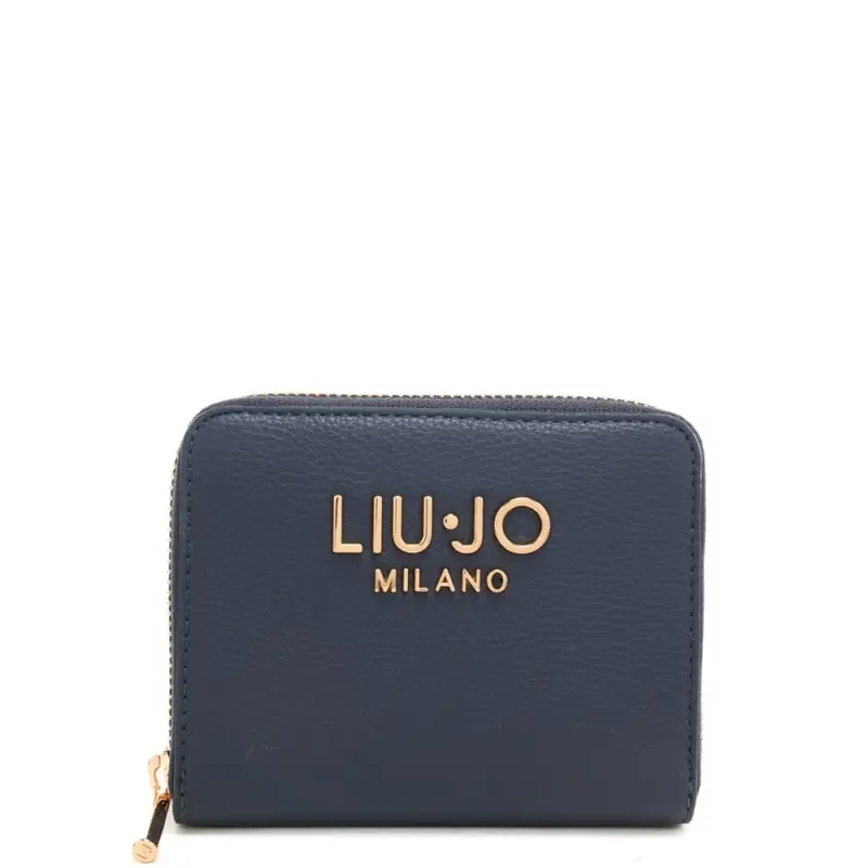 portafoglio piccolo da donna con logo lettering in metallo sul davanti blu