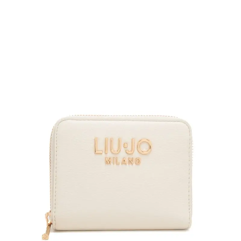 portafoglio piccolo da donna con logo lettering in metallo sul davanti crema