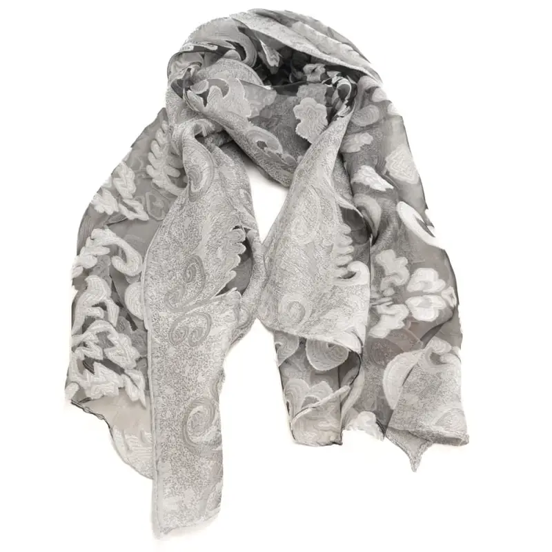 sciarpa da donna con texture trasparente e design a fantasia floreale grigio ghiaccio
