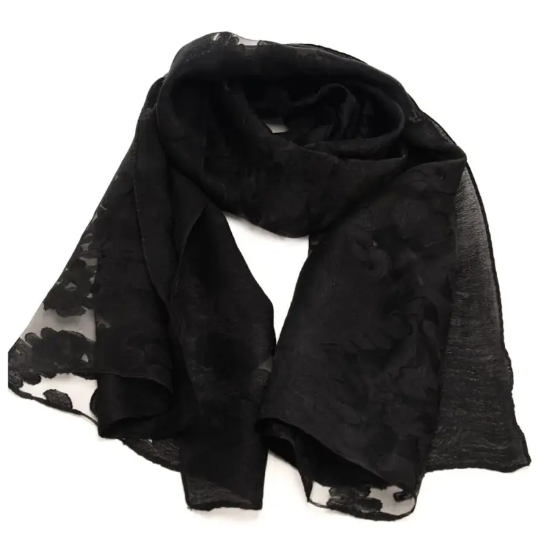 sciarpa da donna con texture trasparente e design a fantasia floreale nera