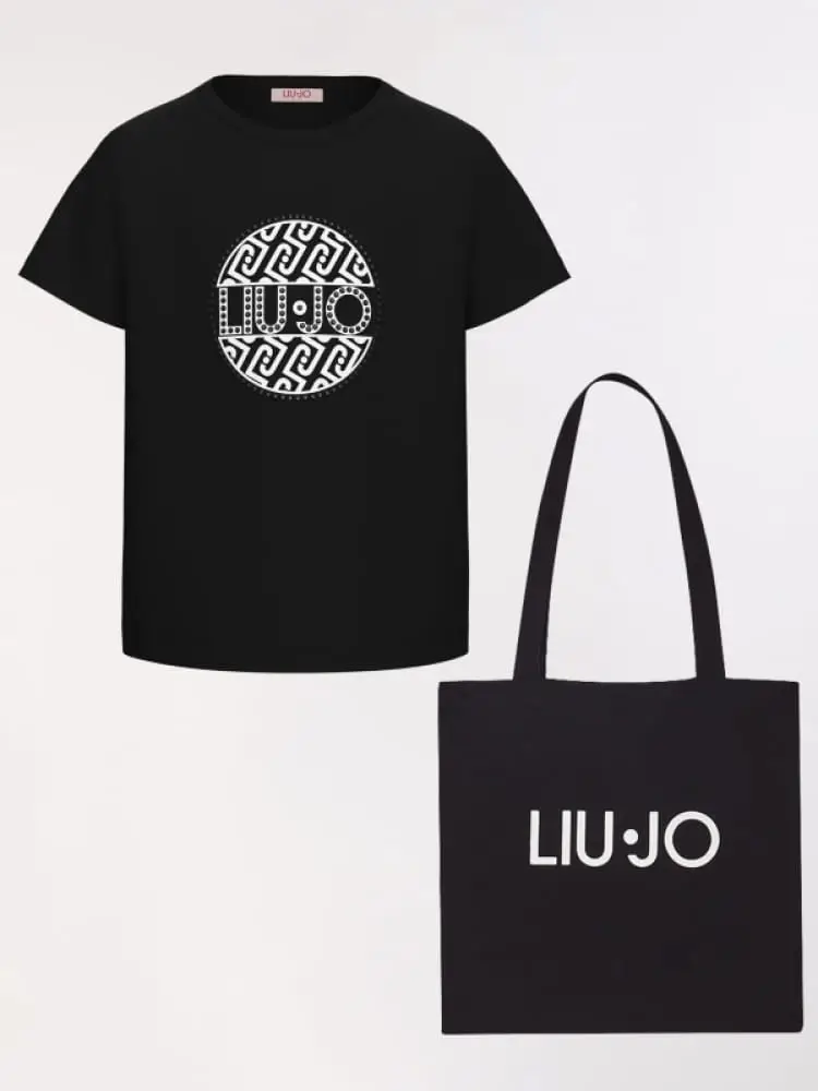 set t-shirt kids/junior nera con cuore e shopper bag nera