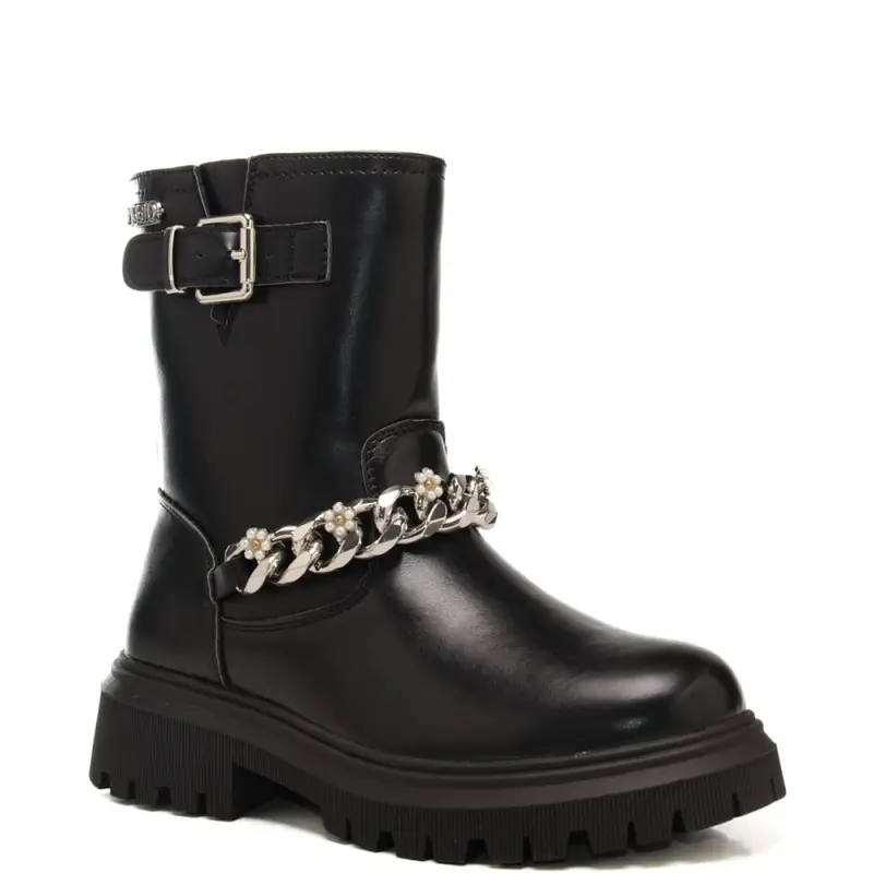 stivaletti da bambina con maxi catena con fiori applicati neri miniatura 2