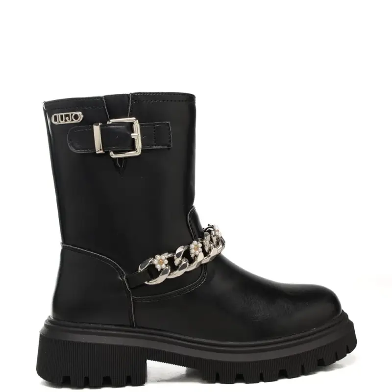 stivaletti da bambina con maxi catena con fiori applicati neri