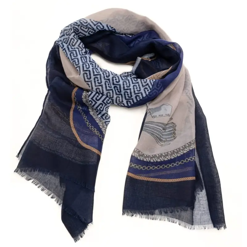 stola double da donna stampa catene e logo monogram all over blu