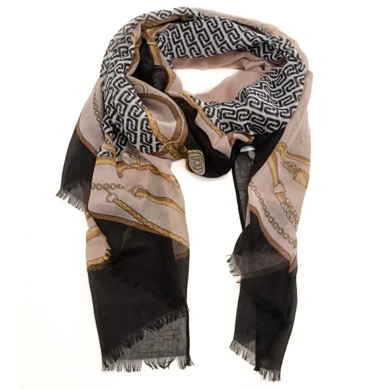 stola double da donna stampa catene e logo monogram all over nera