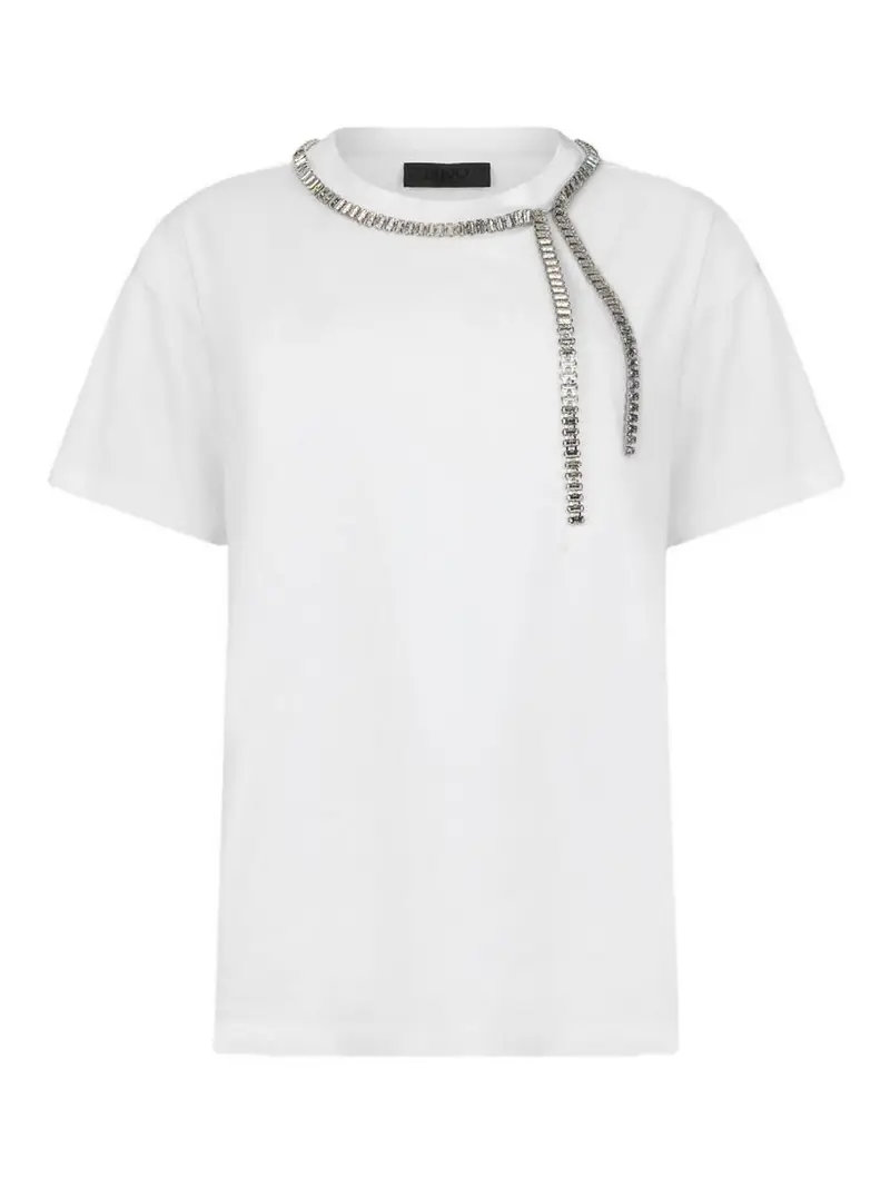 T-shirt Bianca Con Strass Sulla Scollatura Bianco