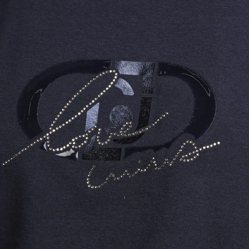 t shirt da donna con logo monogram ton sur ton stampato sul davanti e strass blu scuro miniatura 3