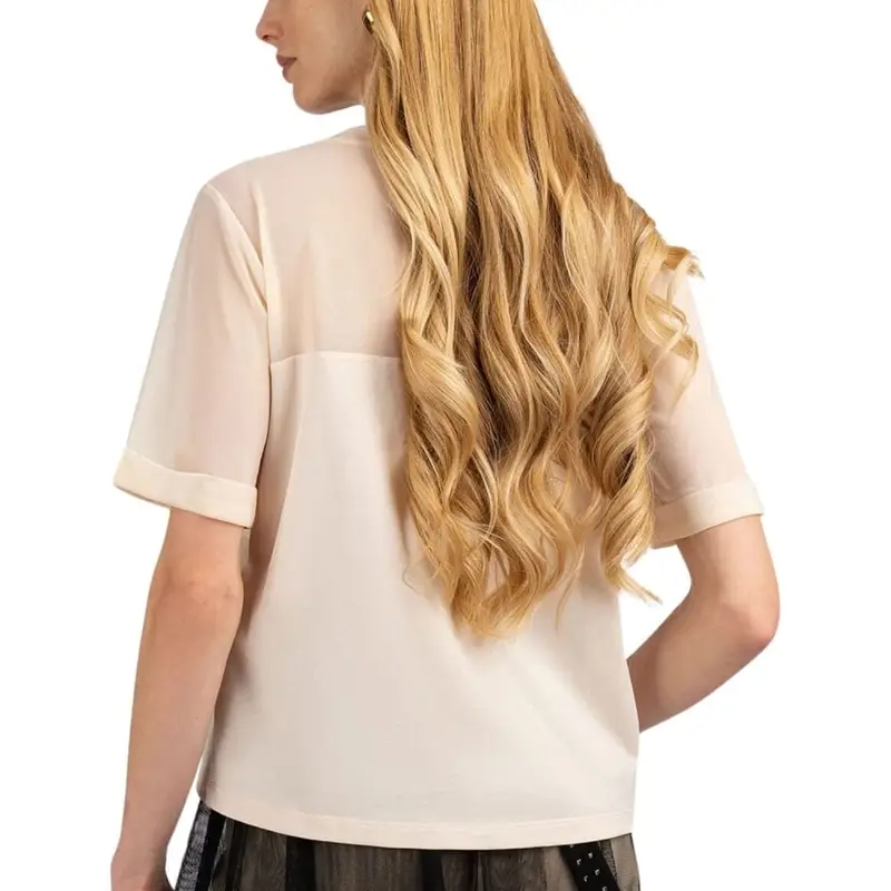 t-shirt da donna in cotone con trasparenza sulla parte alta e multi logo lettering ricamato champagne miniatura 2