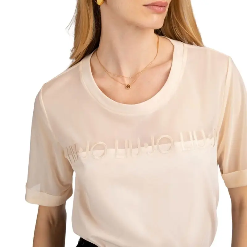 t-shirt da donna in cotone con trasparenza sulla parte alta e multi logo lettering ricamato champagne miniatura 3