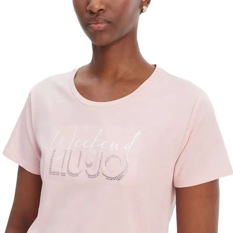 t-shirt da donna in jersey di cotone con logo lettering in rilievo e strass petalo miniatura 2