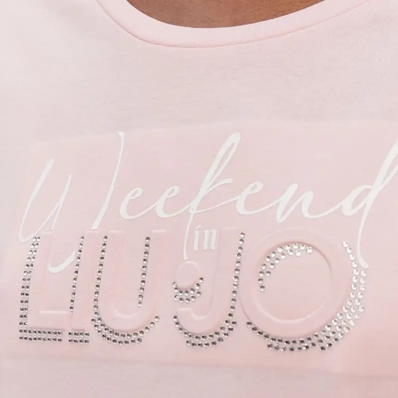 t-shirt da donna in jersey di cotone con logo lettering in rilievo e strass petalo miniatura 4