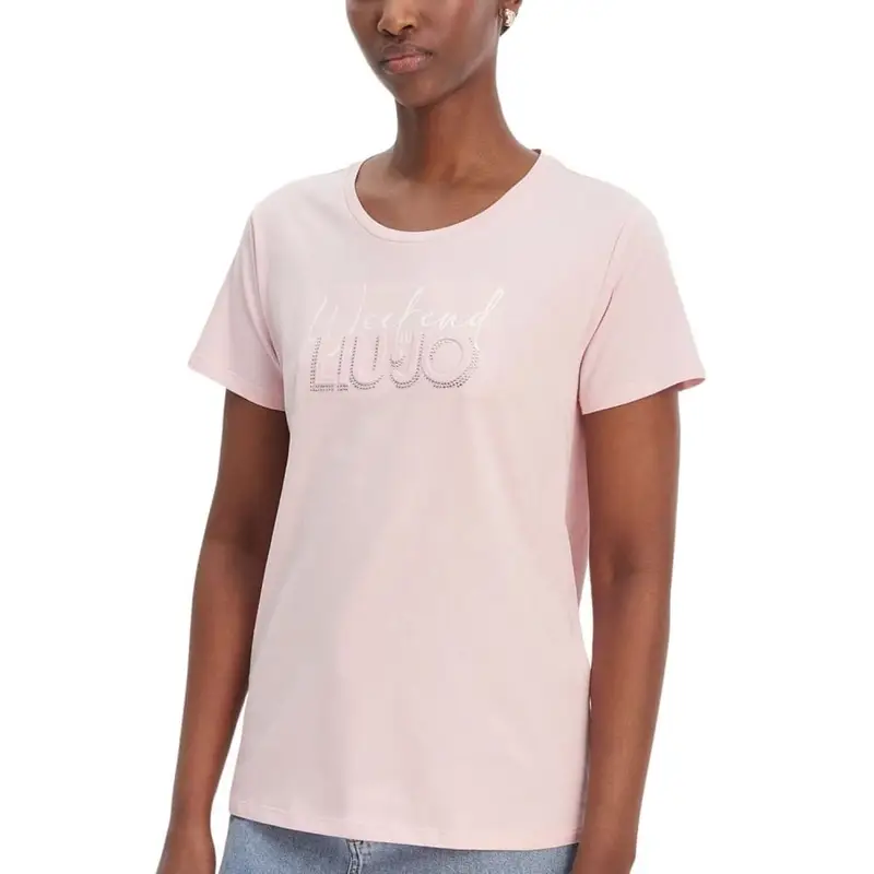 t-shirt da donna in jersey di cotone con logo lettering in rilievo e strass petalo