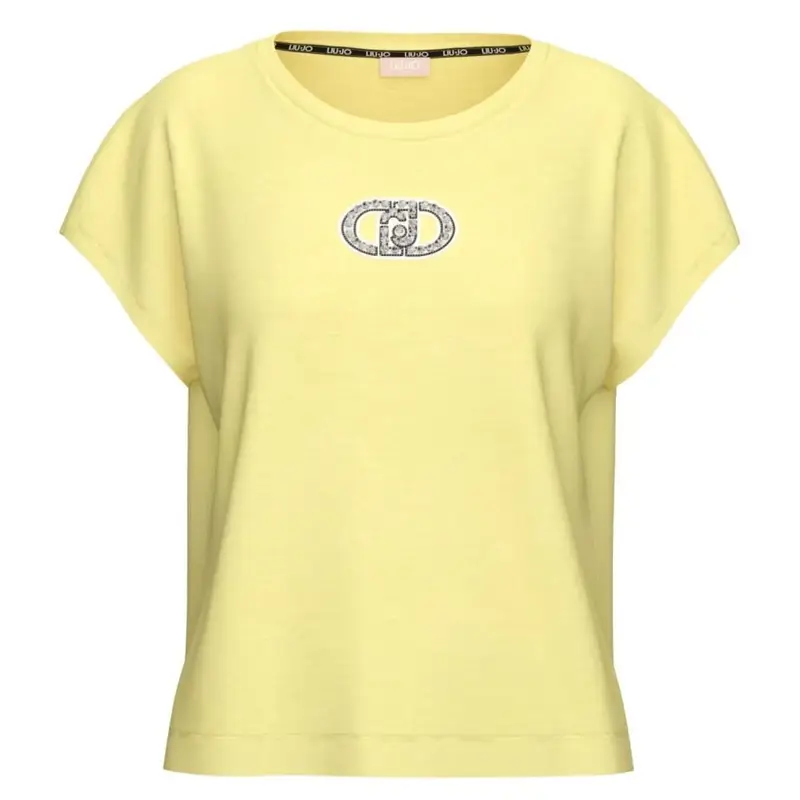t shirt da donna in jersey di cotone con logo monogram con strass sul davanti gialla