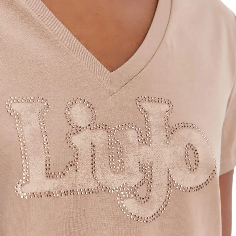 t-shirt da donna in jersey di cotone con maxi logo lettering con strass rosa cipria miniatura 2