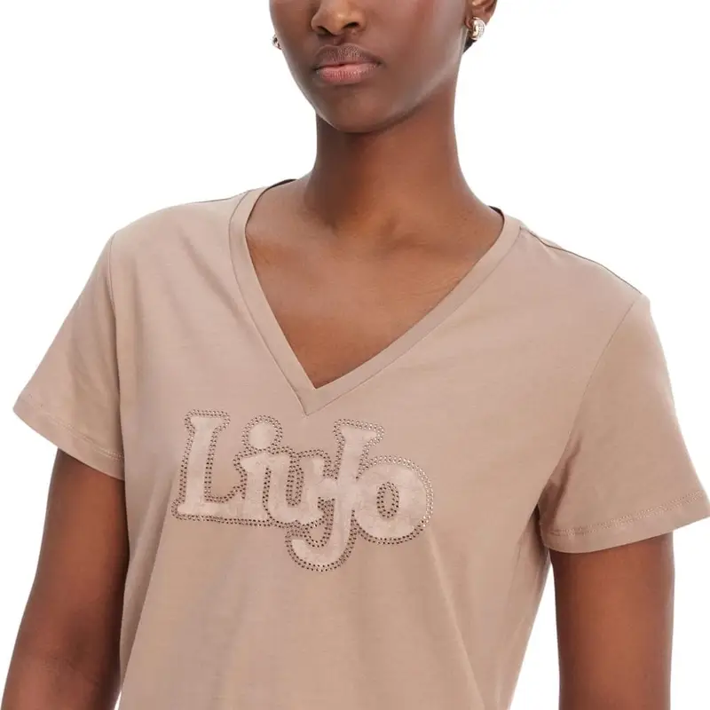 t-shirt da donna in jersey di cotone con maxi logo lettering con strass rosa cipria miniatura 3