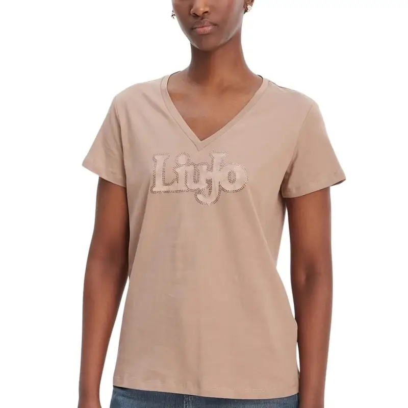 t-shirt da donna in jersey di cotone con maxi logo lettering con strass rosa cipria