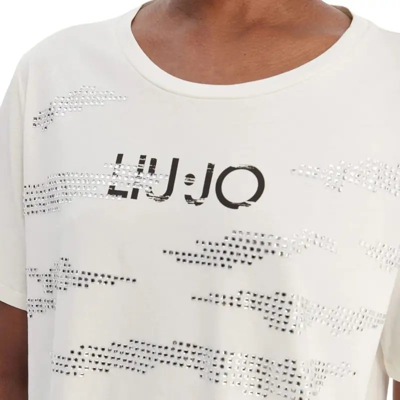 t-shirt da donna in jersey di cotone con stampa logo lettering e decorazioni con strass bianca miniatura 2