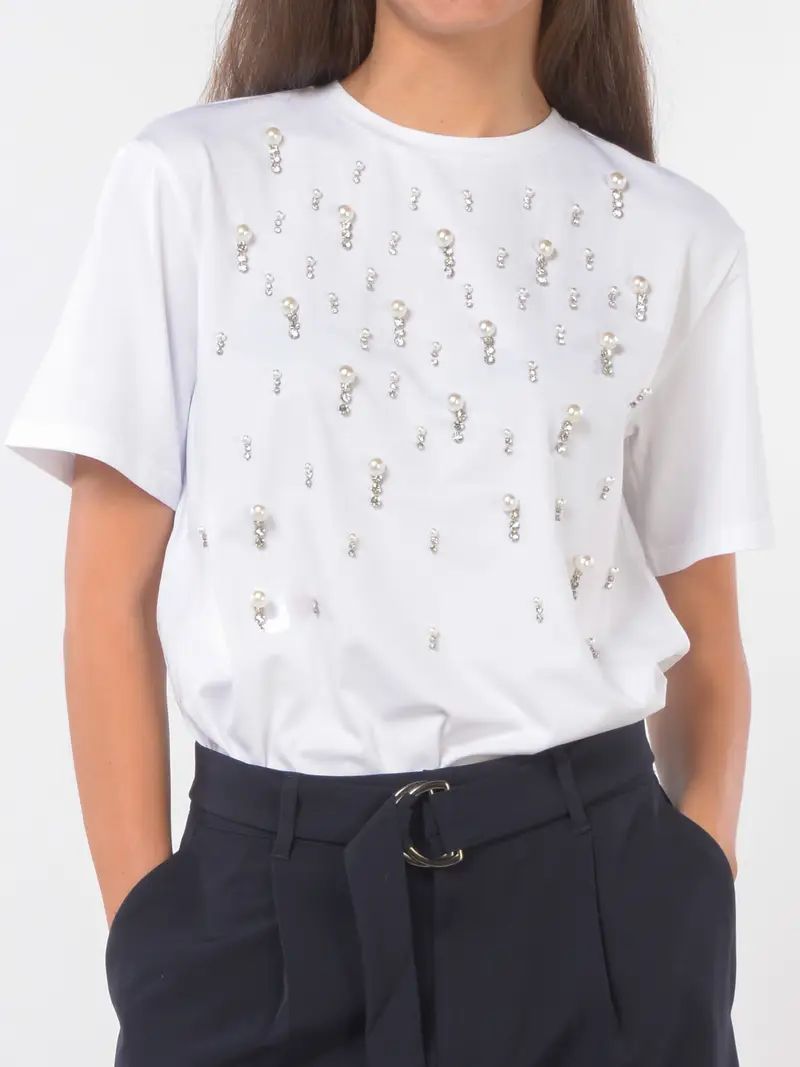 t Shirt da donna Liu Jo a girocollo con perle a applicazioni gioiello Bianco