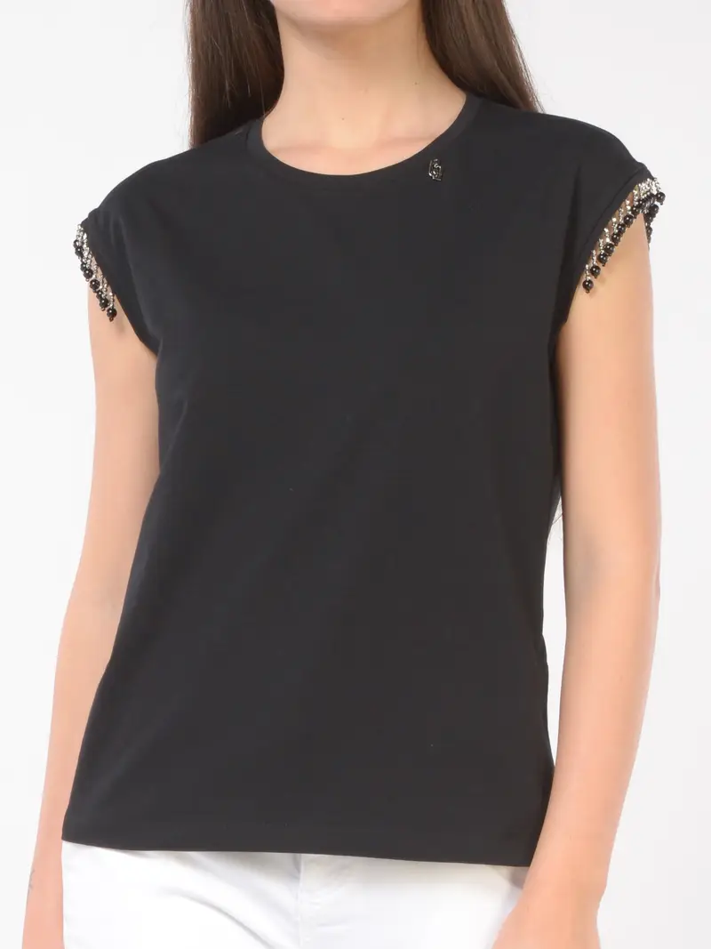 t-Shirt da donna Liu Jo con applicazione di perline su maniche ad aletta NERO