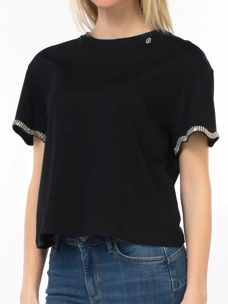 t Shirt da donna Liu Jo cropped con maniche corte gioiello NERO
