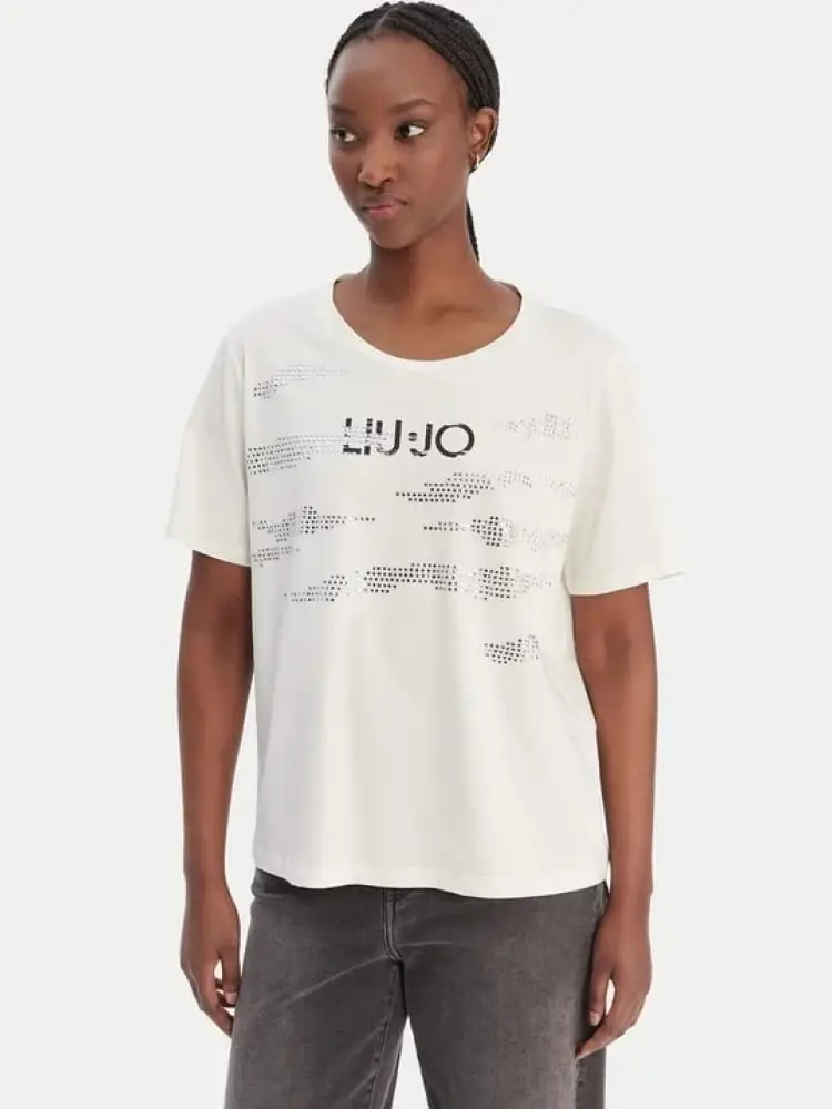 t-shirt donna a girocollo bianca con logo e strass