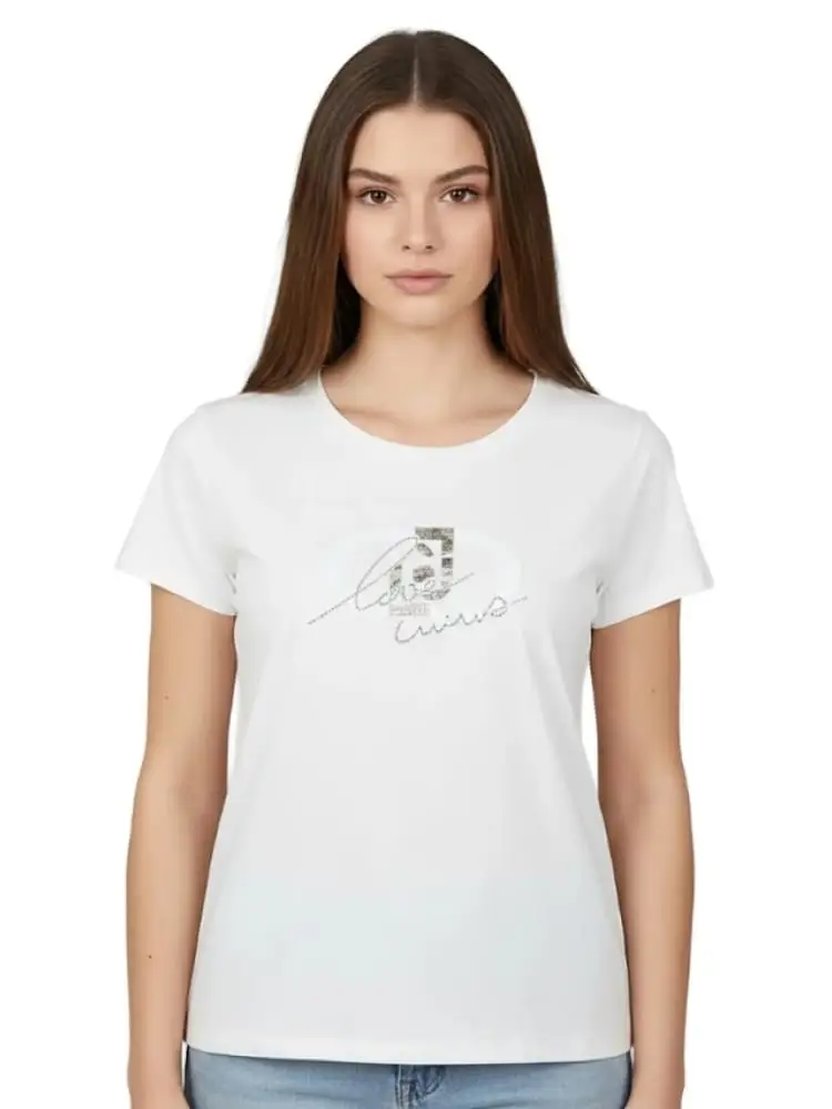 t-shirt donna a girocollo bianca con stampa in strass