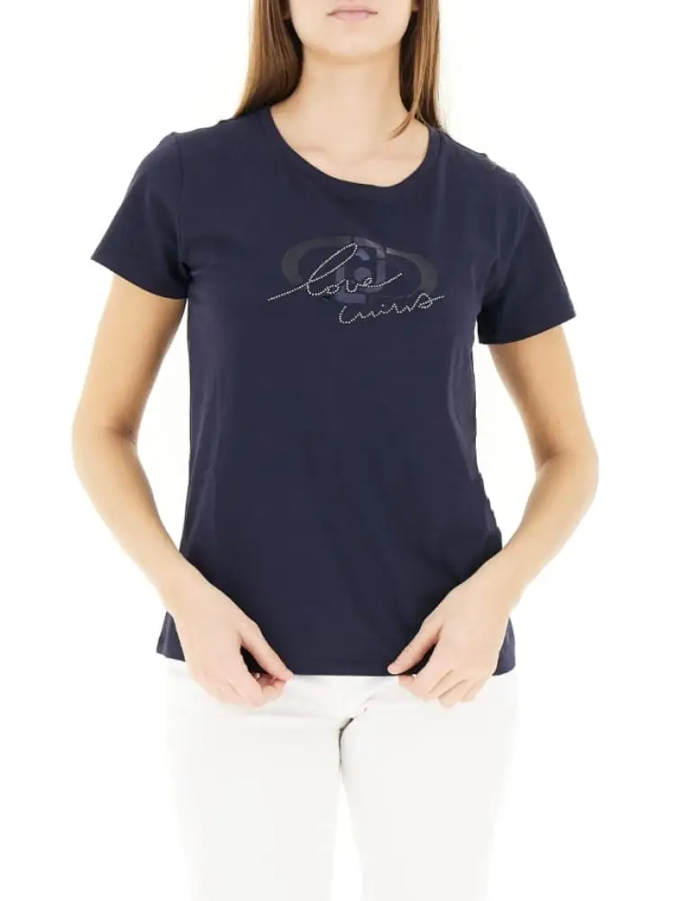 t-shirt donna a girocollo blu con stampa in strass
