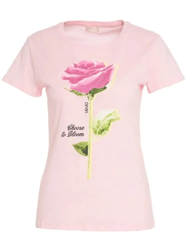 t-shirt donna a girocollo rosa con stampa floreale e strass