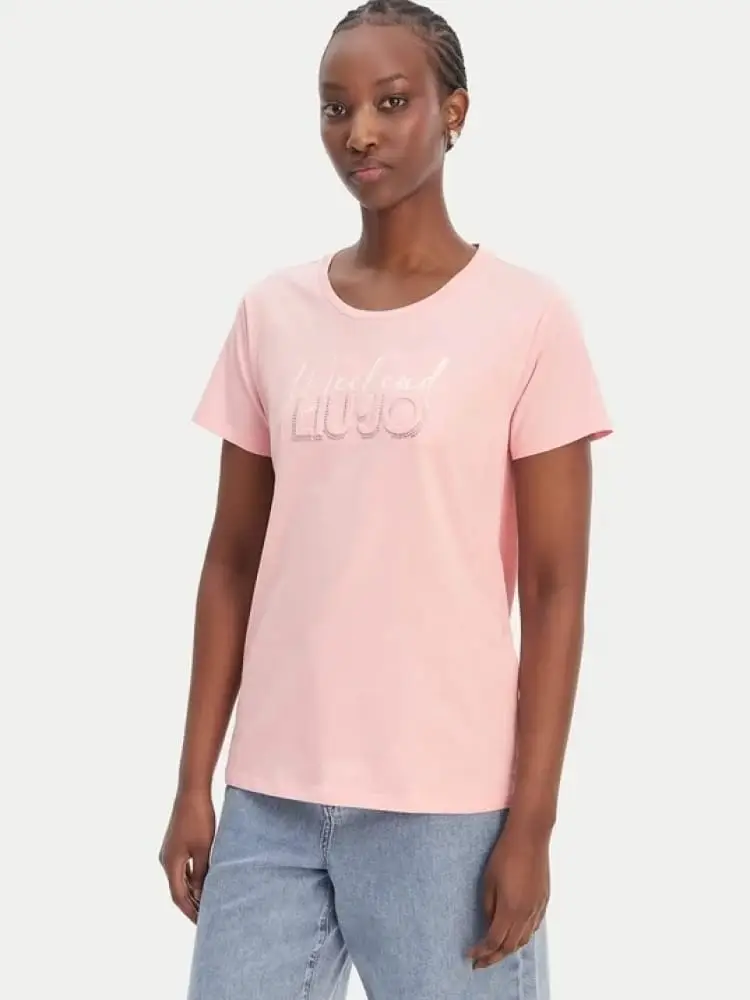 t-shirt donna a girocollo rosa con stampa logo in strass