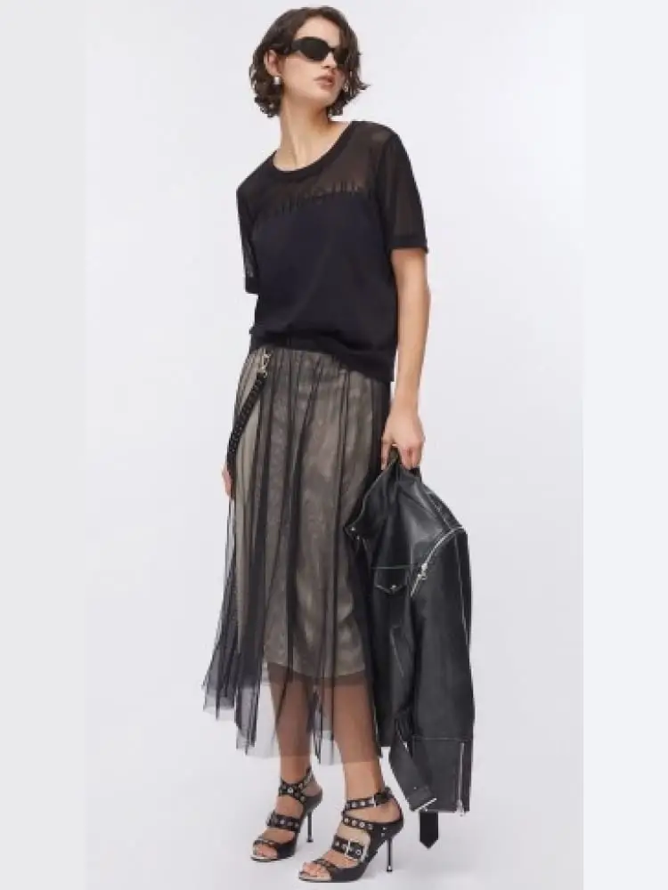 t-shirt donna a maniche corte nera semitrasparente