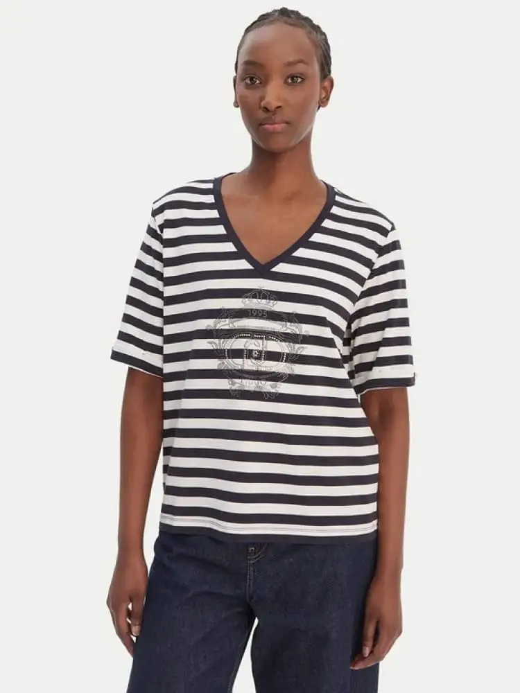 t-shirt donna a righe blu e bianche e stampa in strass