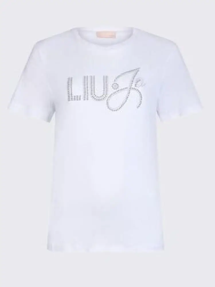 t-shirt donna bianca a girocollo con stampa logo e strass