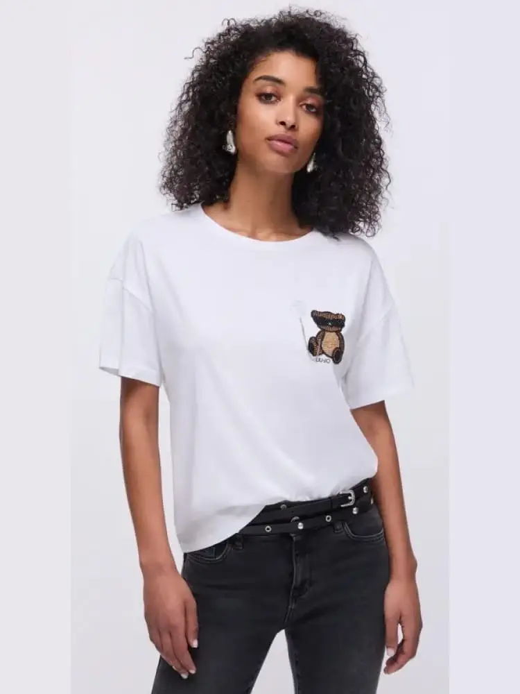 t-shirt donna bianca con orsetto in strass