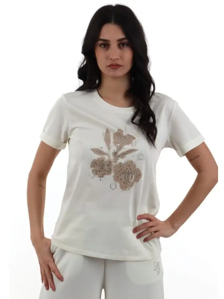 t-shirt donna bianca con stampa logo centrale