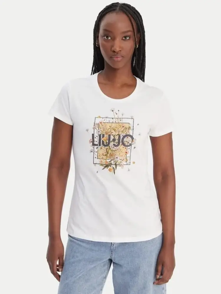 t-shirt donna bianca con stampa logo multicolor
