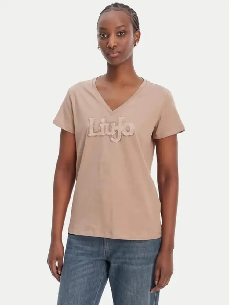 t-shirt donna con scollo a v beige con stampa logo