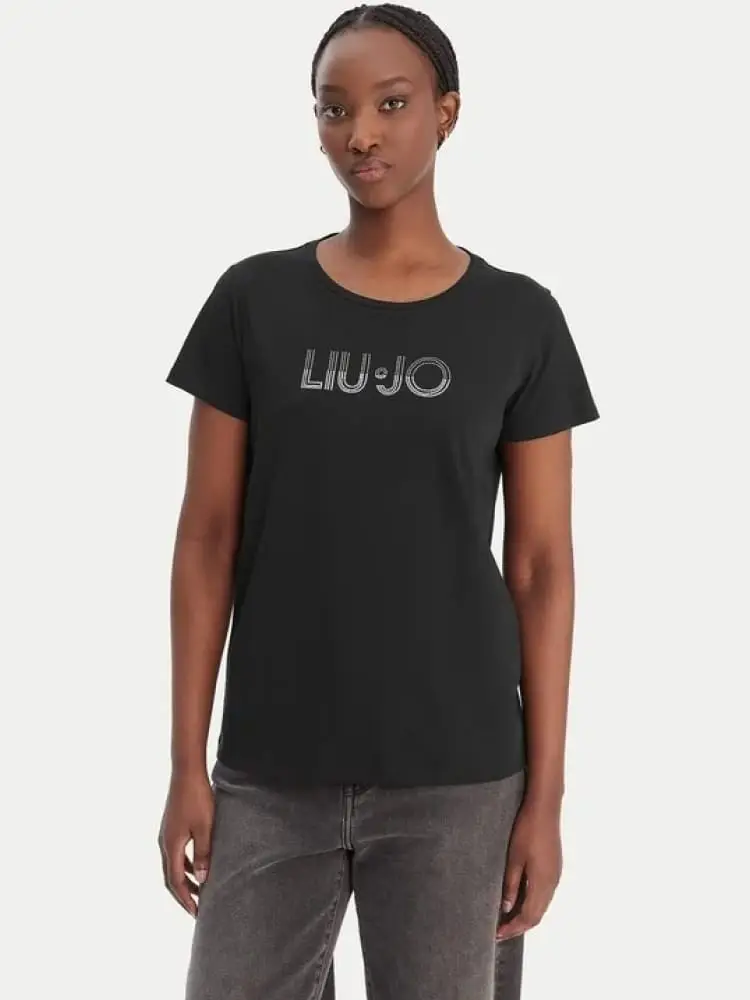 t-shirt donna in cotone nera con logo lettering frontale