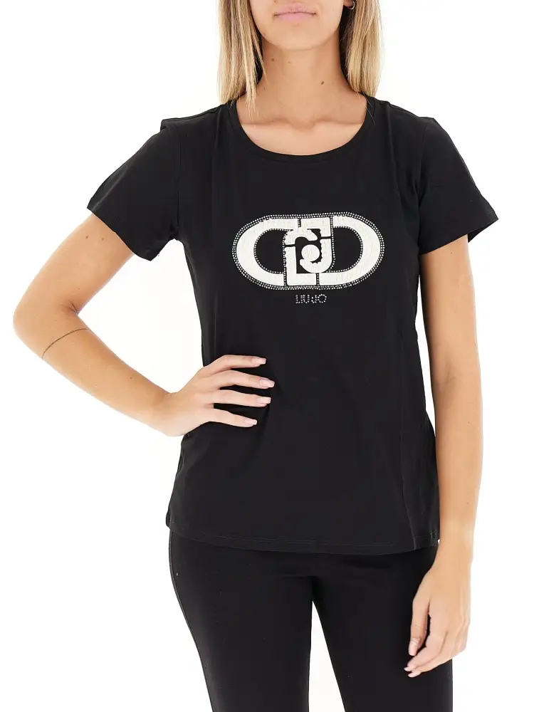 t-shirt in cotone nera con stampa in strass