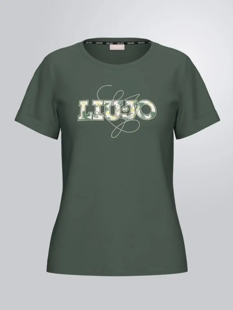 t-shirt in cotone verde militare con logo frontale