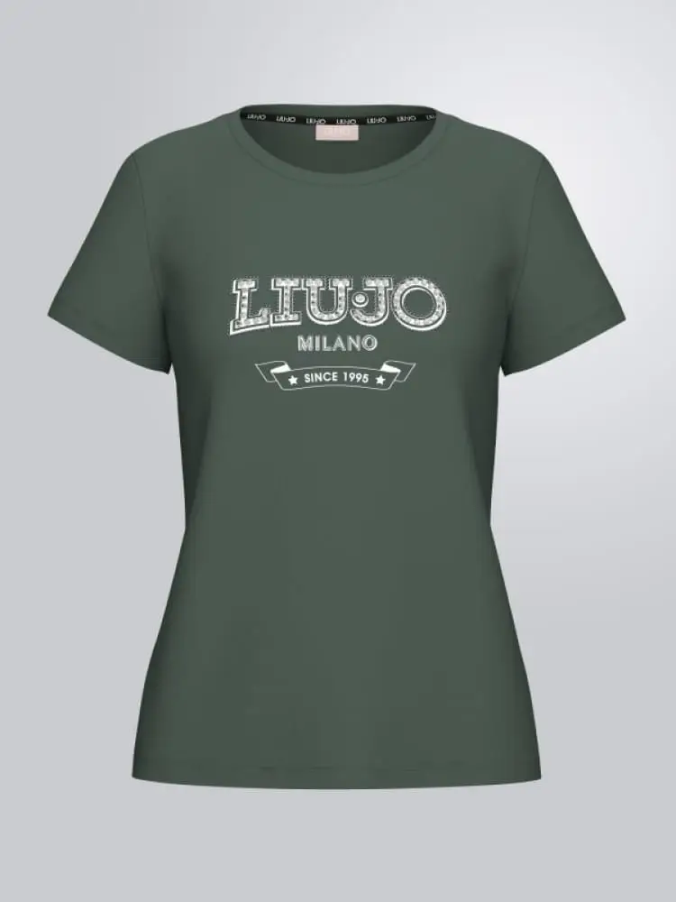 t-shirt in cotone verde militare con stampa logo milano