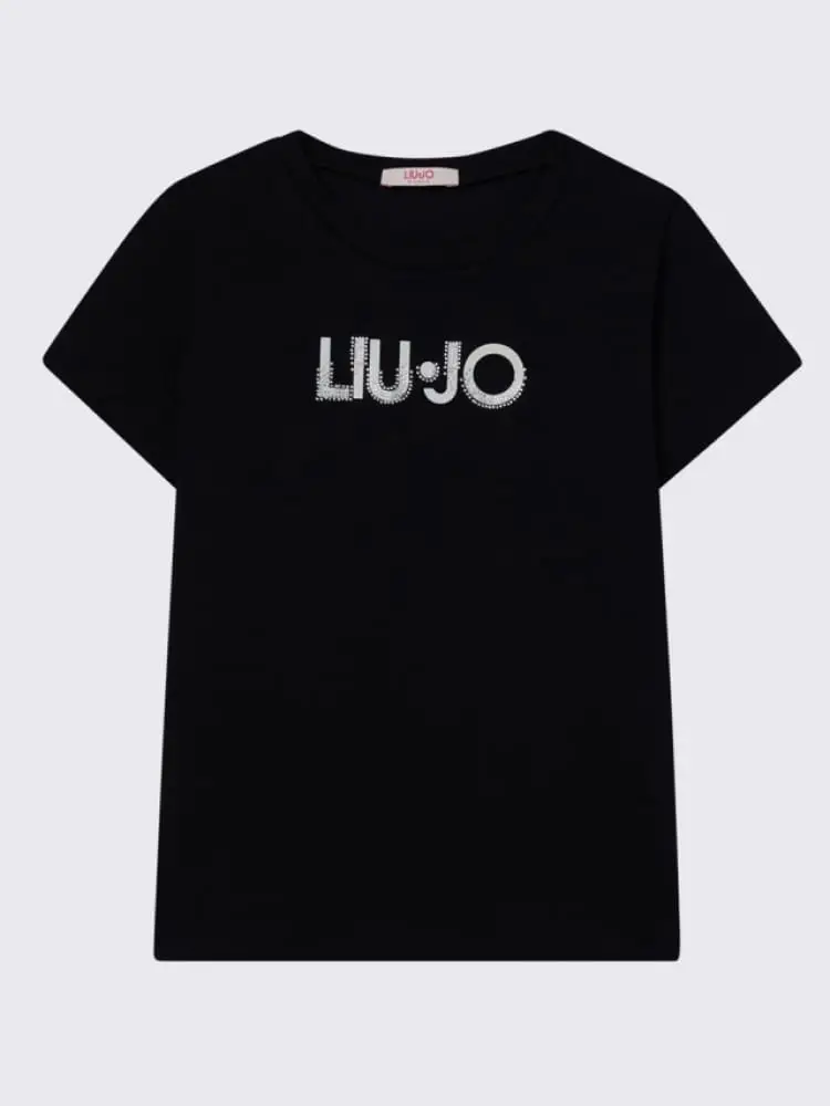 t-shirt kids/junior nera con logo in strass