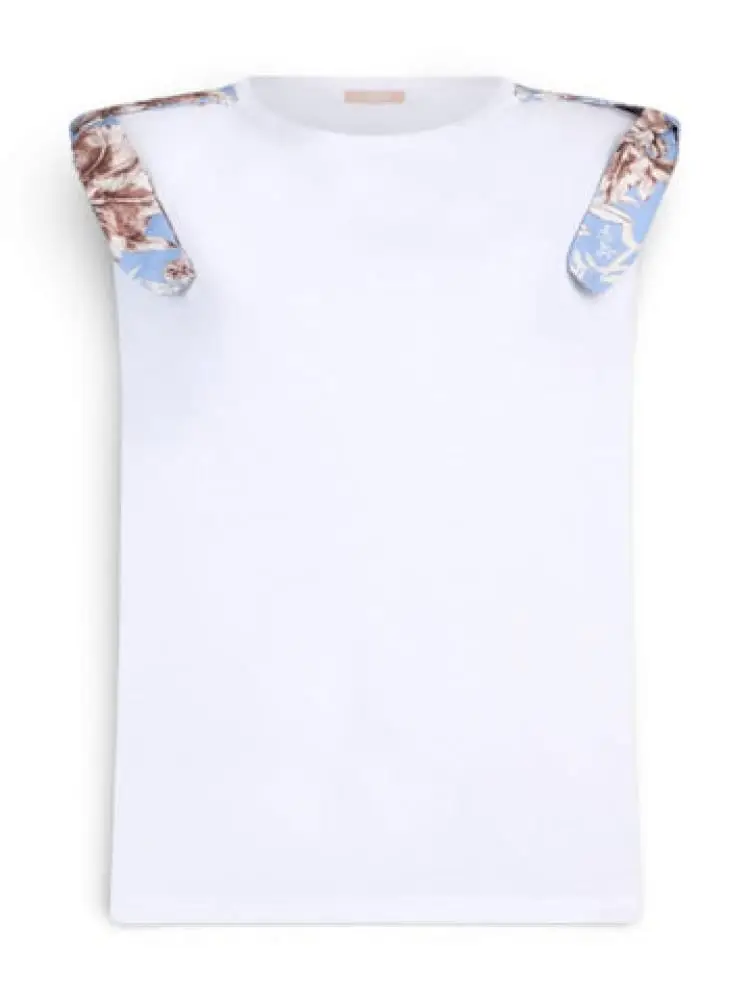 t-shirt smanicata in cotone bianco con fiocchi foulard sulle spalle