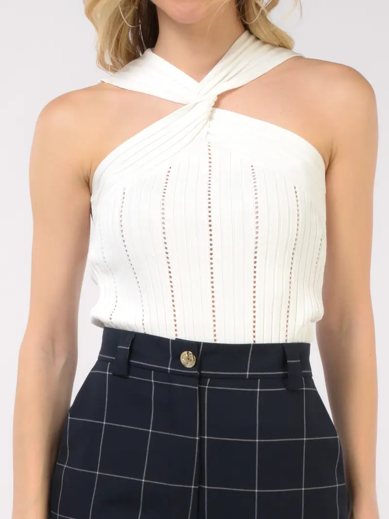 top da donna Liu Jo in maglia con lavorazione traforata e nodo Bianco