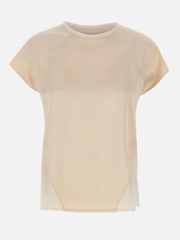 top in tessuto rosa smanicato con logo in metallo gold e strass