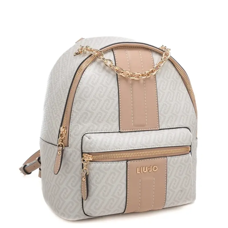 zaino da donna con inserto centrale a contrasto e manico in catena naturale miniatura 3