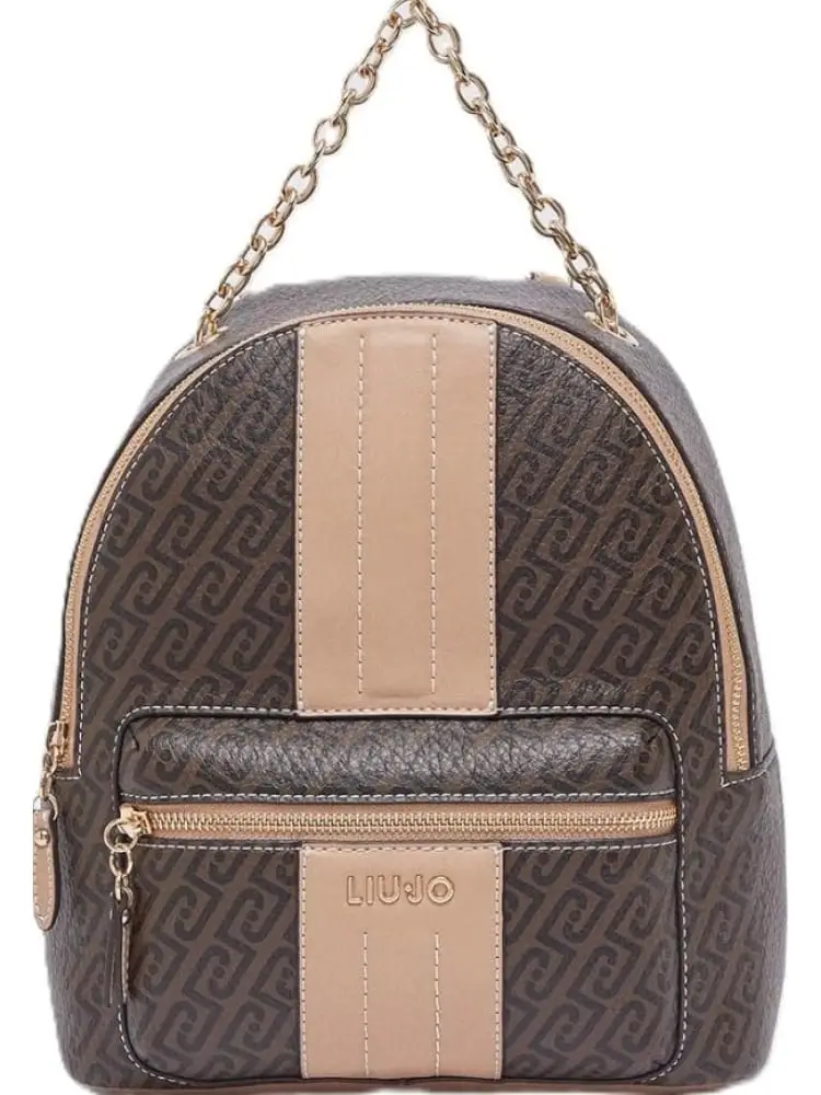 zaino donna in ecopelle beige e marrone con pattern logato all over