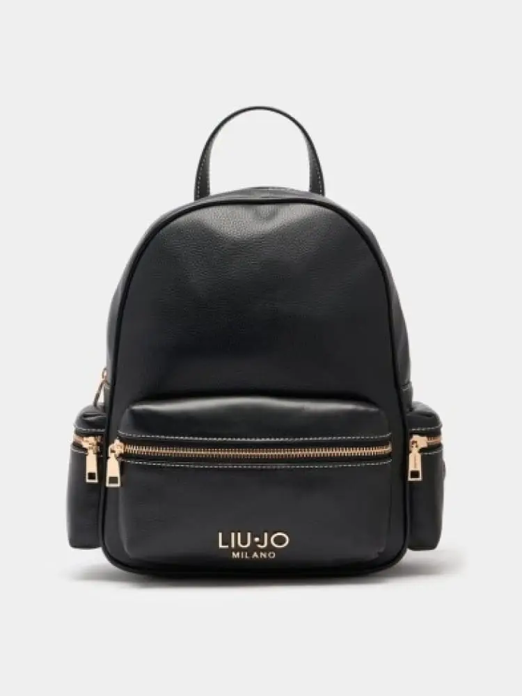 zaino donna nero in similpelle con inserti e logo dorati