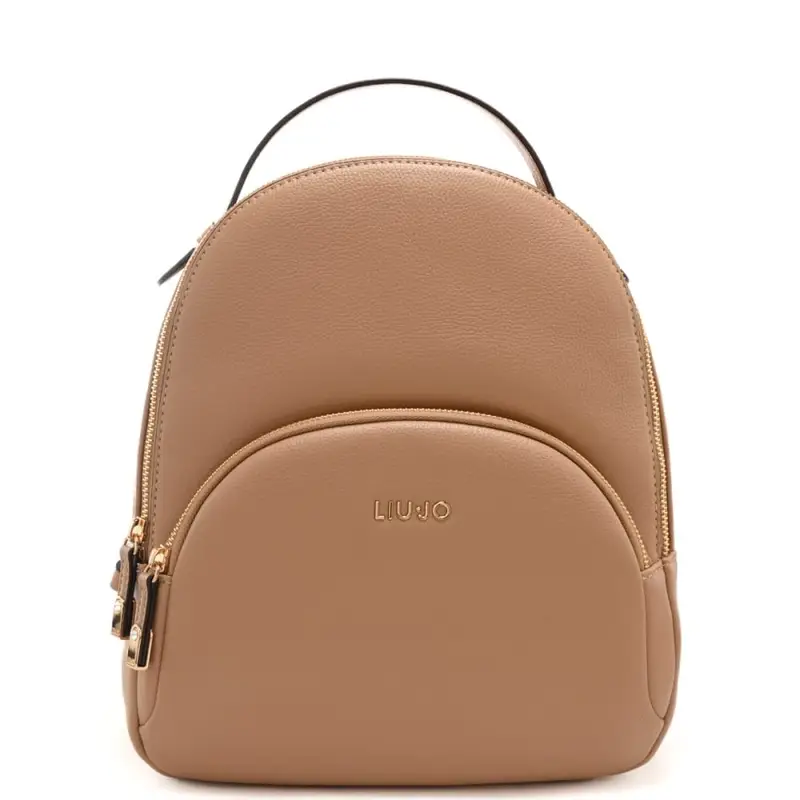 zaino piccolo da donna con texture martellata e tasca frontale cammello