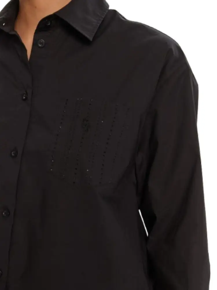 camicia nera donna in cotone con strass tono su tono logo sul davanti miniatura 3